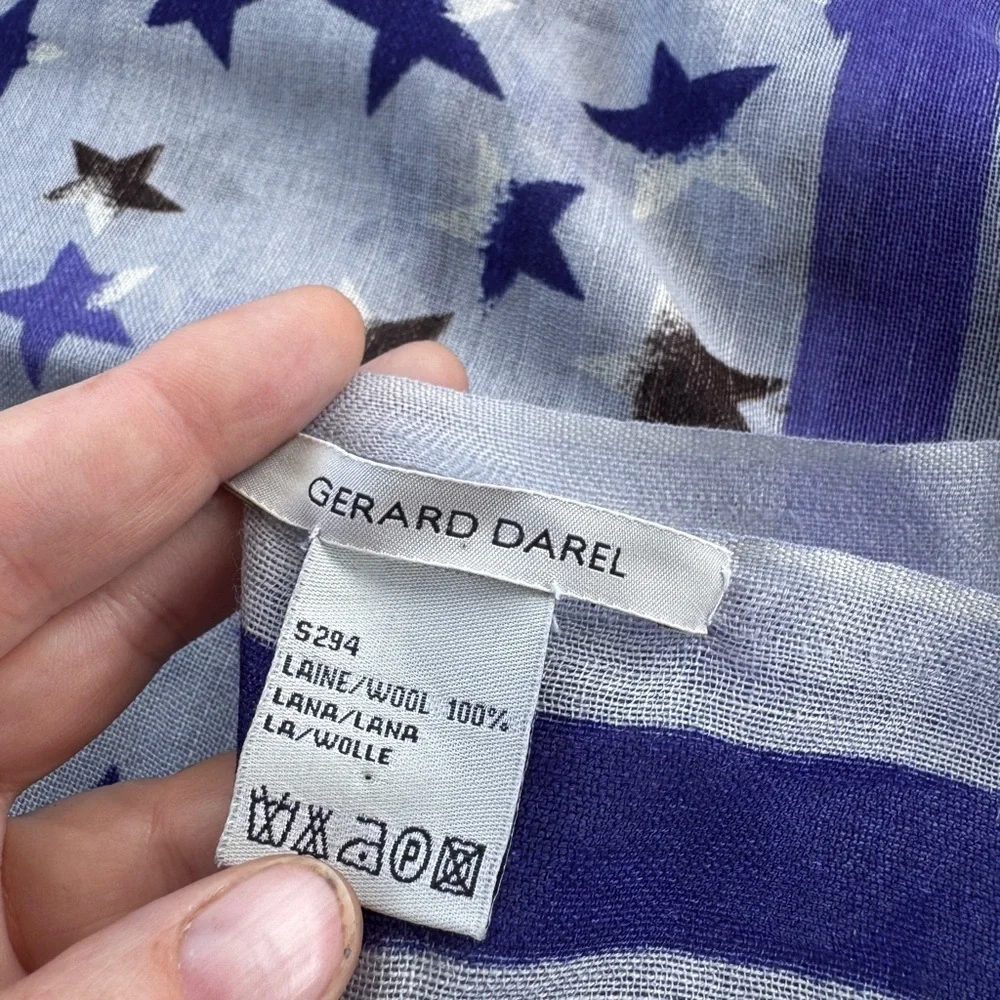 GERARD DAREL Star Patterned Gray and Blue Scarf 100% Wool